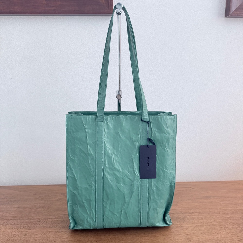 Prada 1BC459 Crinkled Leather Tote Bag Teal Green Shopper Triangle Logo - Picture 11 of 16